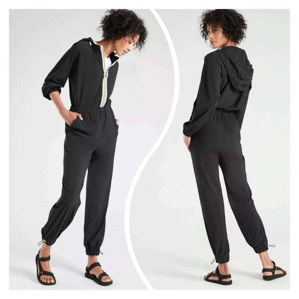 ATHLETA // Dipsea jumpsuit romper black/lime  hood size 8